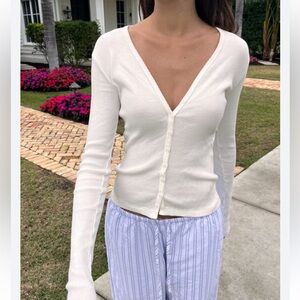 Brandy Melville White Ribbed Button-Up Long Sleeve Top